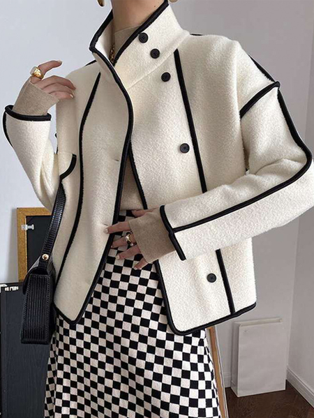 

Plus Size Urban Color Block Stand Collar Loose Jacket, White, Plus Outerwear