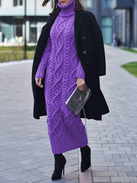 

Urban Regular Fit Plain Turtleneck Sweater Dress, Purple, Maxi Dresses