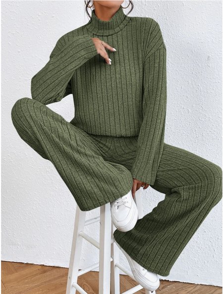 

Women Plain Turtleneck Long Sleeve Comfy Casual Top With Pants Two-Piece Set, Army green, Sets