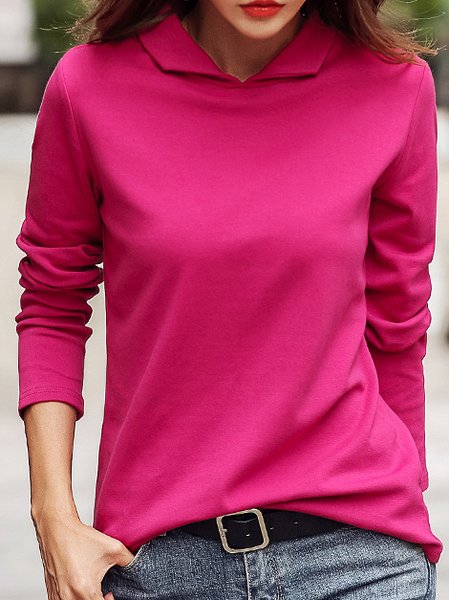 

Women Plain Shawl Collar Casual Long Sleeve T-shirt, Deep pink, Long Sleeves