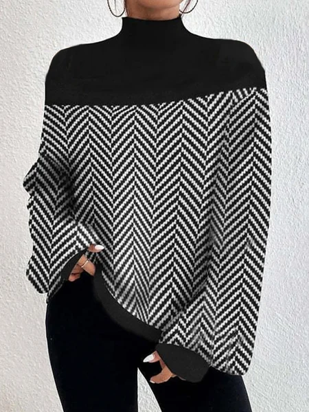 

Plus Size Turtleneck Split Joint Color Block Urban Sweater, Black, Plus Tops