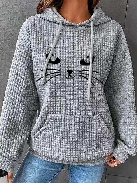 

Cotton-Blend Simple Funny Cat Hoodie, Gray, Hoodies&Sweatshirts
