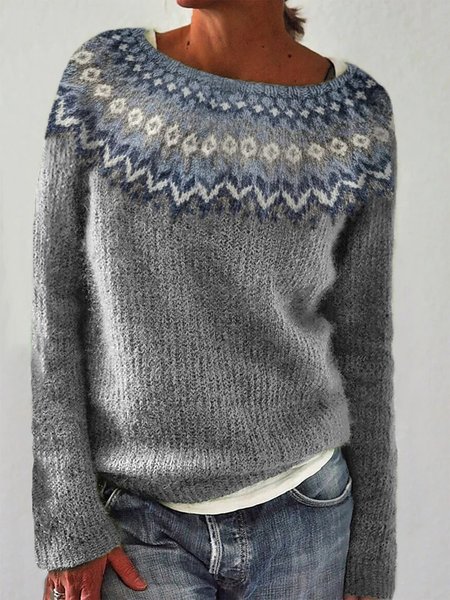 

Loose Ethnic Casual Cotton-Blend Sweater, Gray, Sweaters