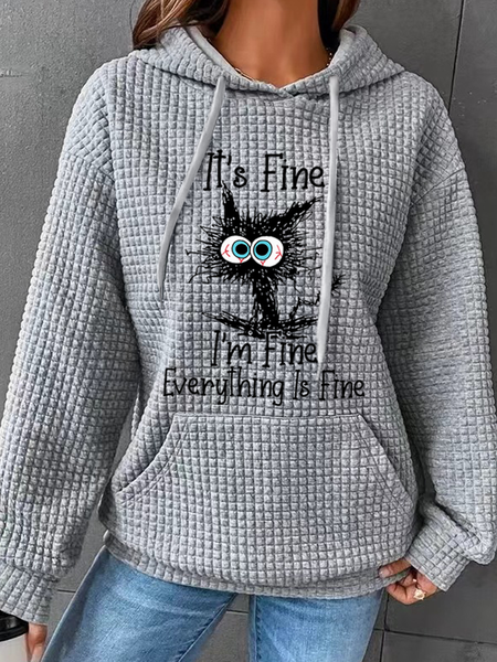 

Women‘s Funny I Am Fine Black Cat Casual Loose Text Letters Hoodie, Gray, Hoodies&Sweatshirts