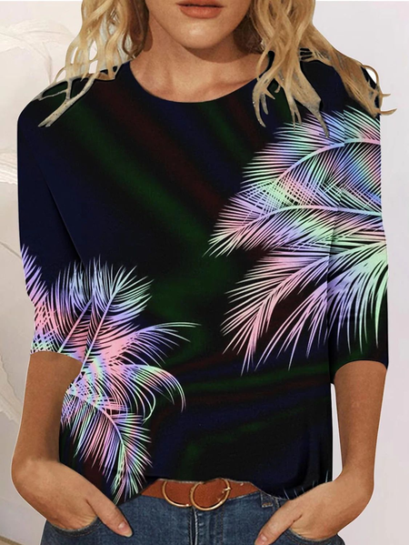 

Casual Feather Crew Neck Long Sleeve T-shirt, Purple, T-shirts