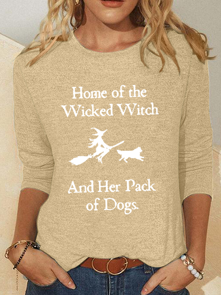 Crew Neck Long Sleeve Dog Regular Micro-Elasticity Regular Fit Shirt For Women, Khaki, Blouses