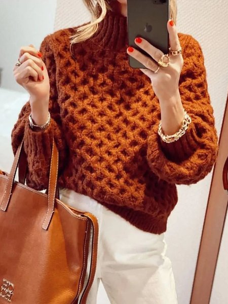 

Long Sleeve Casual Plain Turtleneck Sweater, Caramel, Pullovers