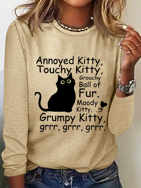 

Funny Cat Casual Crew Neck Cotton-Blend Shirt, Khaki, Long sleeves