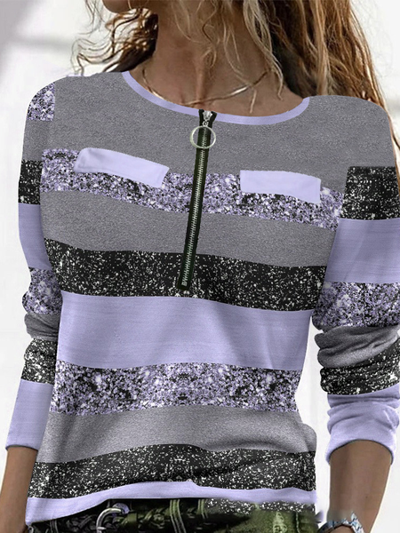 

Casual Geometric Crew Neck Long Sleeve T-shirt, Purple, T-shirts