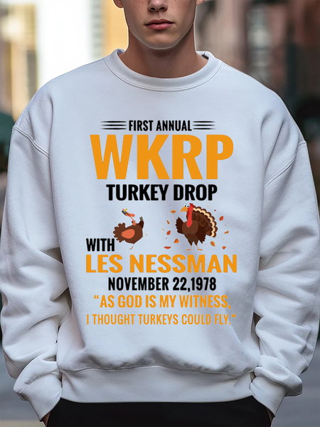 

Men’s First Annual WKRP Turkey Drop With Les Nessman November 22 1978 Text Letters Crew Neck Loose Sweatshirt, White, Hoodies&Sweatshirts