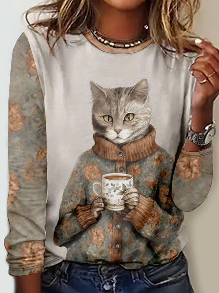 

Funny Cat Casual Color Block Regular Fit Crew Neck Long Sleeve Shirt, As picture, Long sleeves