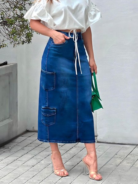 

Regular Fit Urban Plain Denim Midi Skirt, Blue, Denim Skirts