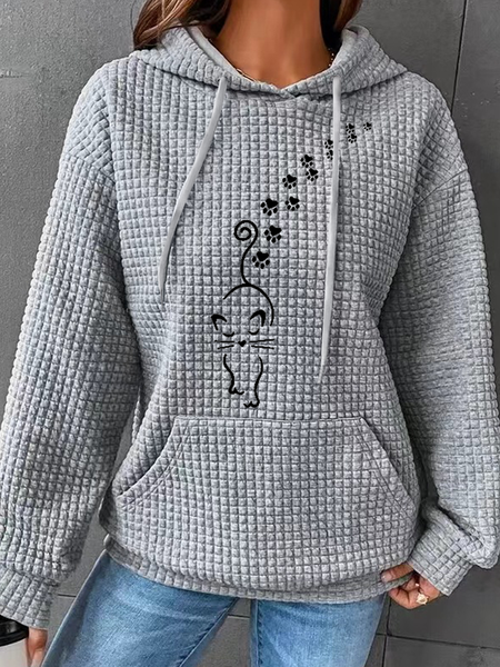 

Hoodie Cat Simple Cotton-Blend Hoodie, Gray, Hoodies&Sweatshirts