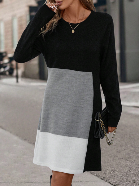 

Loose Colorblock Crew Neck Casual Dress, Black, Midi Dresses