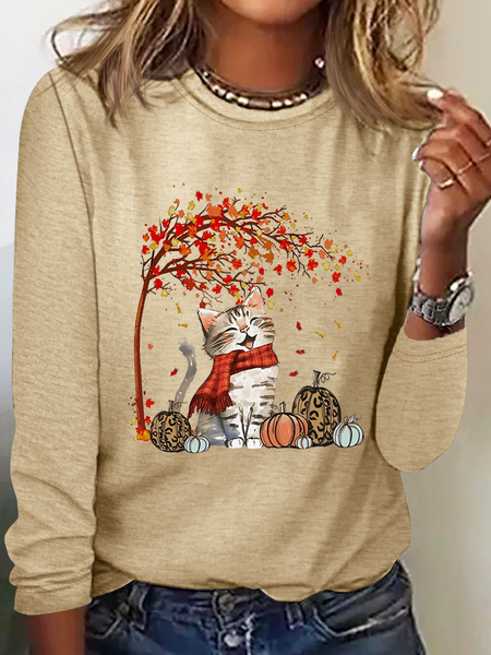 

Women's Long Sleeve Blouse Spring/Fall Cat Cotton-Blend Crew Neck Daily Going Out Casual Top, Khaki, Shirts