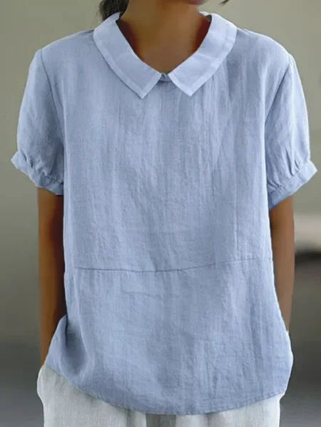 Plain Cotton Simple Shirt Collar Linen Style Blouse, Blue, Blouses & Shirts