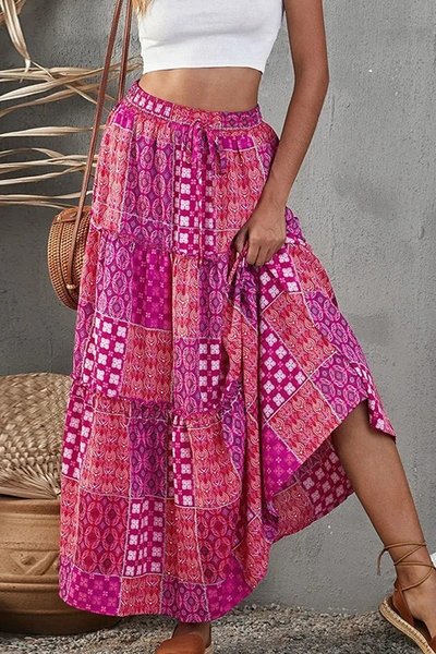 

JFN Cotton & Linen Bohemian Beach Dress Resort Skirt, Fuchsia, Skirts