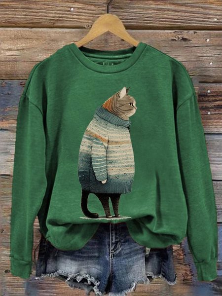 

Casual Cat Loose Knitted Raglan Sleeve Sweatshirt, Green, Hoodies&Sweatshirts