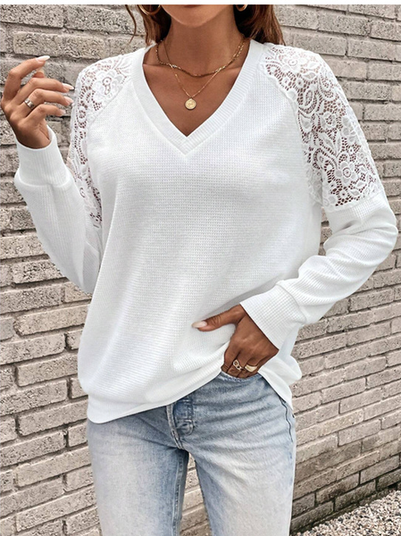 

Casual Plain V Neck Long Sleeve T-shirt, White, T-shirts