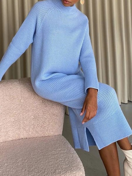 

High Neck Raglan Sleeves Knitted Midi Dress With Side Splits, Blue, Maxi Dresses