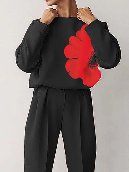 

Plus Size Floral Loose Crew Neck Long Sleeve Urban Loose Shirt, Black, Plus Tops