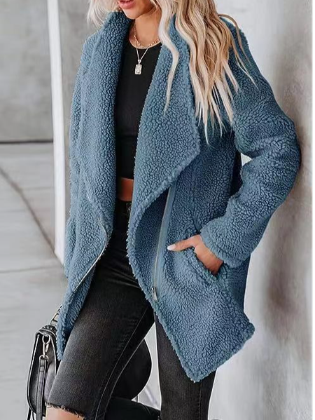 

Shawl Collar Long Sleeve Plain Heavyweight Loose Teddy Jacket For Women, Blue, Coats