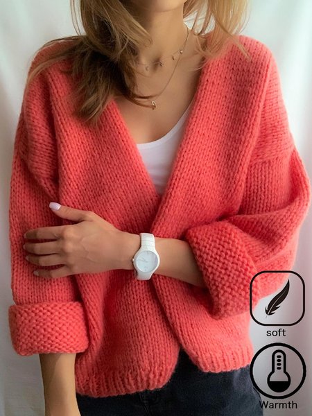 

Casual Yarn/Wool Yarn Plain V Neck Cardigan, Orange, Sweaters & Cardigans