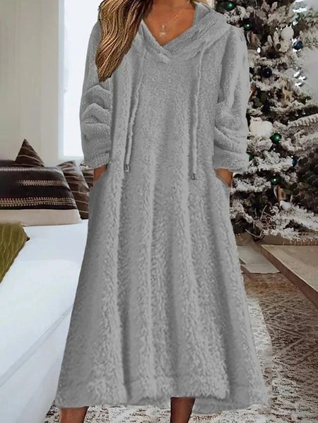

Women Plain Hoodie Long Sleeve Comfy Casual Maxi Dress, Gray, Dresses