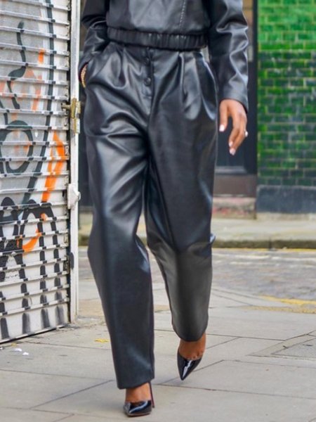 

Urban Regular Fit Buttoned Plain PU Leather Pants, Black, Pants