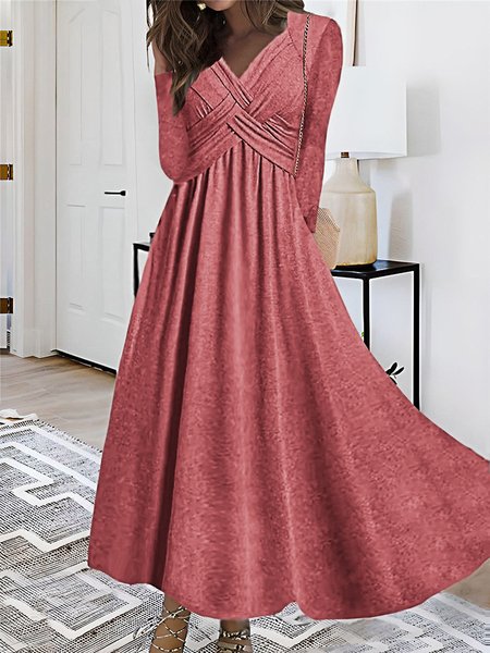 

Women Plain V Neck Long Sleeve Comfy Casual Maxi Dress, Pink, Dresses