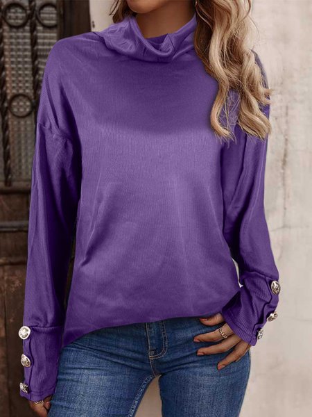 

Casual Plain Turtleneck Long Sleeve T-shirt, Purple, T-shirts