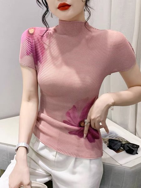 

Floral Half Turtleneck Tight Elegant Shirt, Pink, Tees