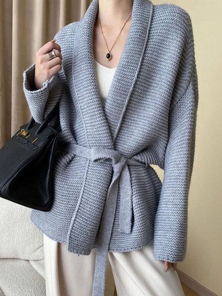 

Plain Long Sleeve Shawl Collar Casual Cardigan, Gray, Cardigans
