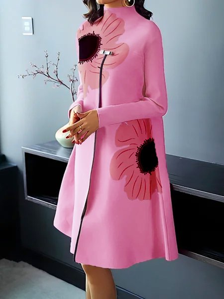 

Elegant Floral Half Turtleneck Long Sleeve Midi Dress With No Belt, Pink, Midi Dresses