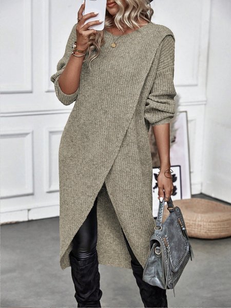 

Loose Casual Solid Wrap Hem Sweater, Camel, Sweaters & Cardigans
