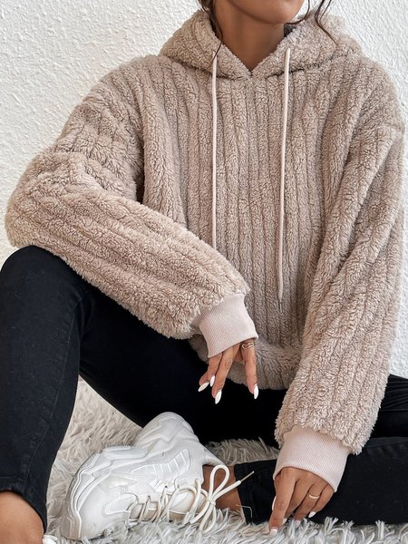Casual Plain Loose Hoodie, Khaki, Outerwear