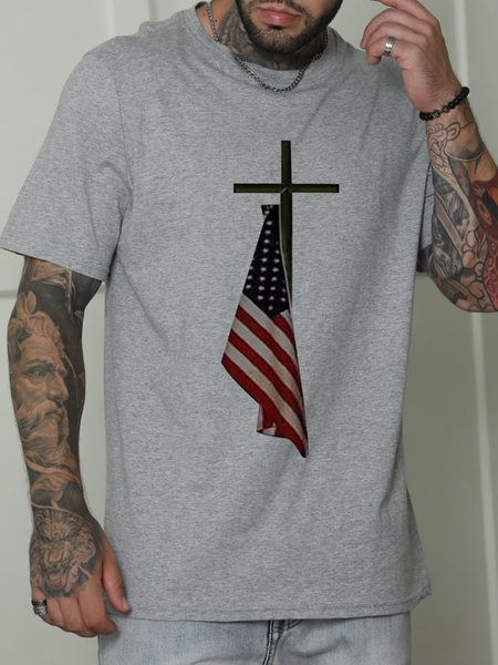 

Men's Cotton Casual Print Cross Casual Loose T-Shirt, Light gray, T-shirts