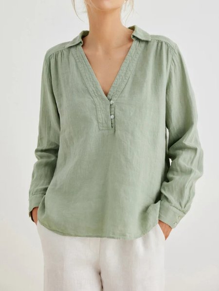 

V Neck Short Sleeve Plain Regular Regular Fit Blouse For Women, Light_green, Blouses