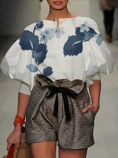 

Boat Neck Floral Regular Fit Urban Blouse, White, Blouses and Shirts