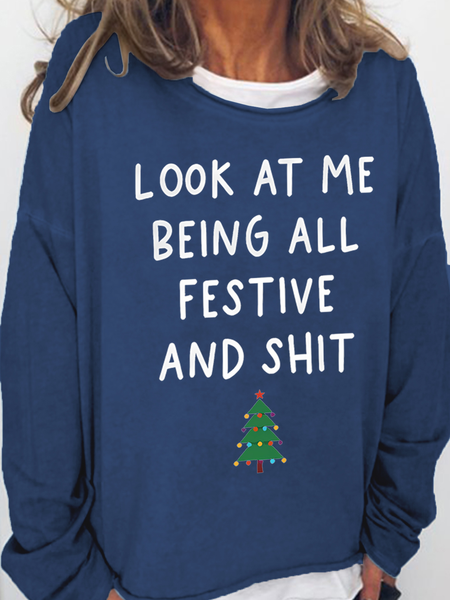 

Women's Christmas Casual Crew Neck Cotton-Blend Sweatshirt, Dark blue, Hoodies&Sweatshirts