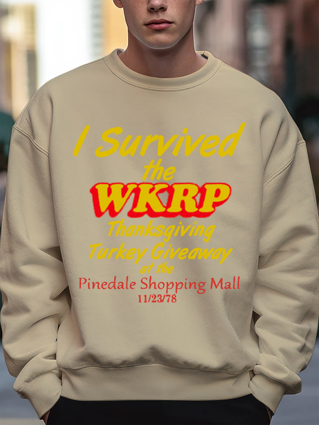 

WKRP Turkeys Away Casual Loose Text Letters Crew Neck Sweatshirt, Khaki, Hoodies&Sweatshirts