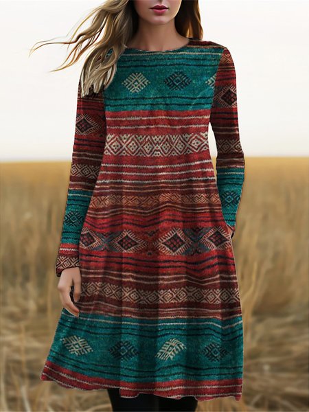 Casual Crew Neck Loose Ethnic Dress