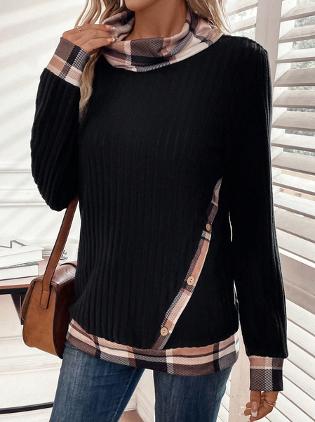 

Turtleneck Casual Plaid Sweatshirt, Black, Hoodies & Sweatshirts