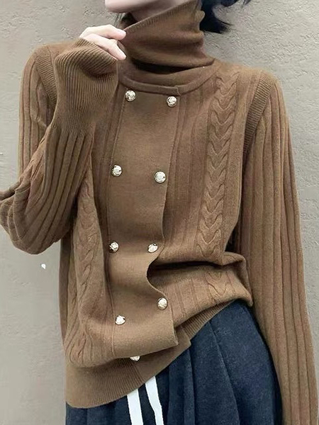 

High Elasticity Turtleneck Long Sleeve Casual Sweater, Brown, Pullovers