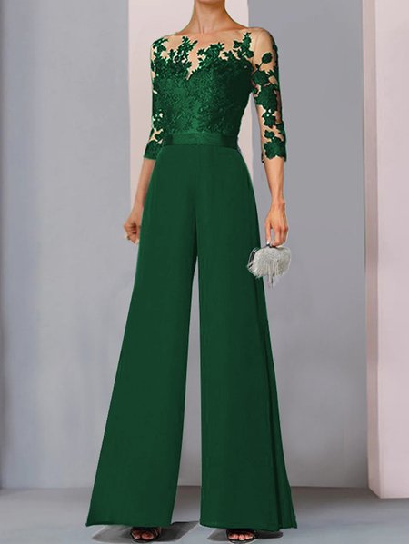 

Boat Neck Loose Plain Elegant Jumpsuit, Green, Jumpsuits＆Rompers