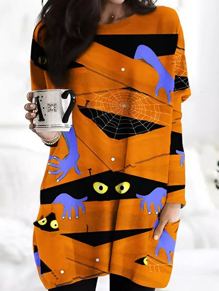 

Women's Long Sleeve Spring/Fall Halloween Pocket Stitching Dress Crew Neck Daily Going Out Casual Midi H-Line, Orange, Dresses