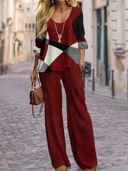 

Color Block Loose Scoop Neck Vintage Two-Piece Set, Red, Suit Set