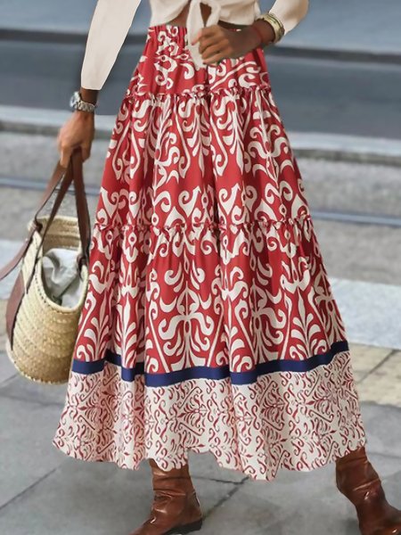 

Boho Ethnic H-Line Natural Flouncing Maxi Skirt, Red, Skirts