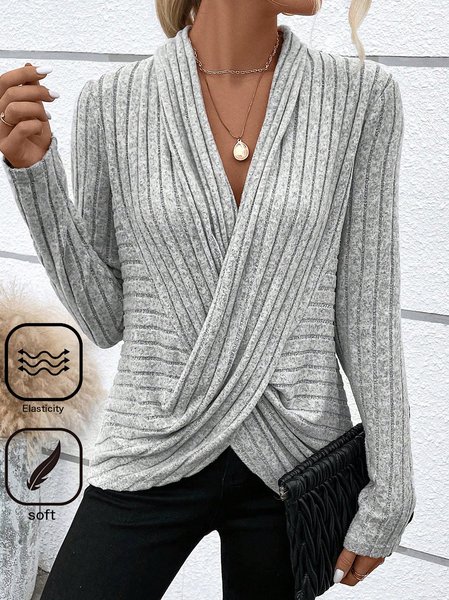 Cross Casual V Neck Plain Shirt, Gray, Long Sleeves