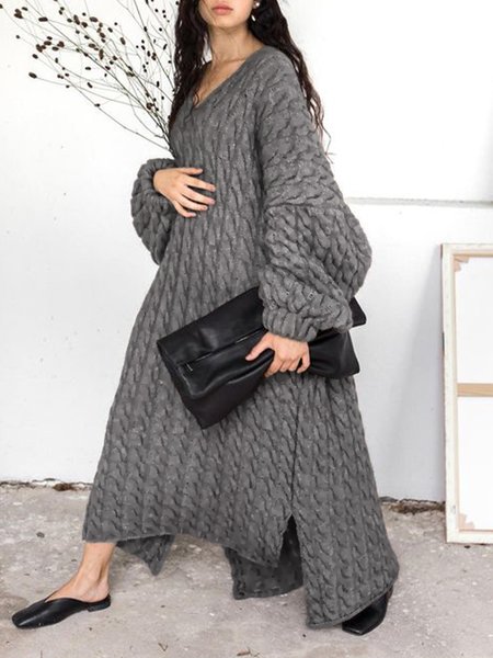 

Casual Long Sleeve Plain Sweater Dress, Solid gray, Maxi Dresses
